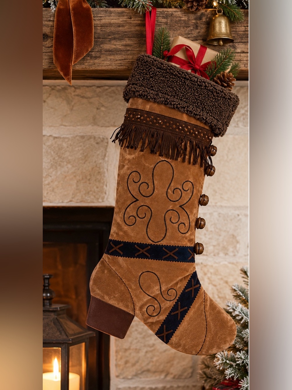 Western Cowboy Boot Christmas Stocking Faux Suede Fringe Sherpa Rustic Holiday